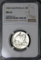 1943 NGC MS 63 Guatemala 25 Centavos Quetzal Bird Silver Map Coin (21042107D)