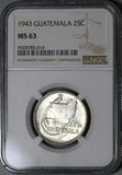 1943 NGC MS 63 Guatemala 25 Centavos Quetzal Bird Silver Map Coin (21042107D)