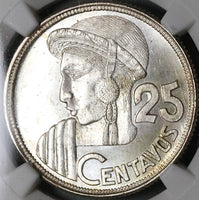 1950 NGC MS 65 Guatemala 25 Centavos Maya Girl 81k Silver Coin (23030802C)