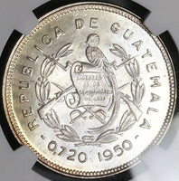 1950 NGC MS 65 Guatemala 25 Centavos Maya Girl 81k Silver Coin (23030802C)