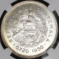 1950 NGC MS 65 Guatemala 25 Centavos Maya Girl 81k Silver Coin (23030802C)