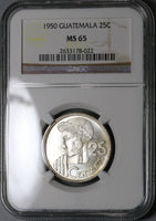 1950 NGC MS 65 Guatemala 25 Centavos Maya Girl 81k Silver Coin (23030802C)