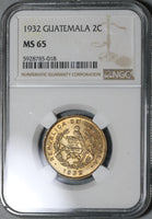 1932 NGC MS 65 Guatemala 2 Centavos Quetzal Bird Mint State Coin (21042106D)