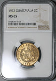 1932 NGC MS 65 Guatemala 2 Centavos Quetzal Bird Mint State Coin (21042106D)
