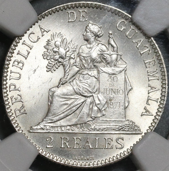 1894-H NGC MS 64 Guatemala Silver 2 Reales Quetzal Bird Justice Coin (21042102D)