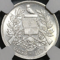 1894-H NGC MS 64 Guatemala Silver 2 Reales Quetzal Bird Justice Coin (21042102D)