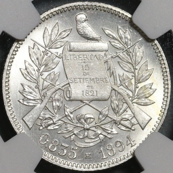 1894-H NGC MS 64 Guatemala Silver 2 Reales Quetzal Bird Justice