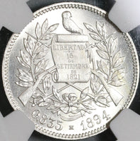 1894-H NGC MS 64 Guatemala Silver 2 Reales Quetzal Bird Justice Coin (21042102D)