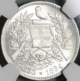 1894-H NGC MS 64 Guatemala Silver 2 Reales Quetzal Bird Justice Coin (21042102D)