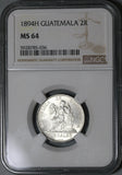 1894-H NGC MS 64 Guatemala Silver 2 Reales Quetzal Bird Justice Coin (21042102D)