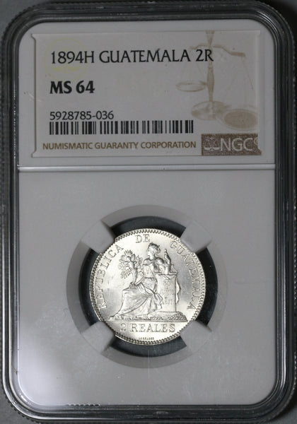 1894-H NGC MS 64 Guatemala Silver 2 Reales Quetzal Bird Justice