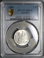 1898 PCGS MS 64 Guatemala Silver 2 Reales Quetzal Bird Justice Coin (21032102C)