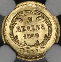 1860 NGC AU 58 Guatemala 4 Reales Gold Cuarto Carrera Coin (21072402C)