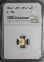 1860 NGC AU 58 Guatemala 4 Reales Gold Cuarto Carrera Coin (21072402C)