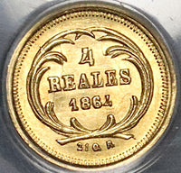 1864 PCGS MS 62 Guatemala 4 Reales Gold Cuarto Carrera Coin (21111203C)