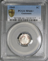 1945 PCGS MS 66+ Guatemala 5 Centavos Quetzal Bird Silver Coin (19063003C)
