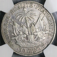 1882 NGC AU Haiti 50 Centimes Rare Mint Error No Paris Privy Marks SIlver Coin POP 1/0 (22102802C)