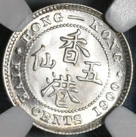 1900-H NGC MS 65 Hong Kong 5 Cents Victoria China Mint State Silver Coin (19122602C)