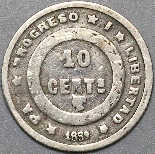 1889 Honduras 10 Centavos RARE Date Silver Coin (23022201R)
