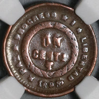 1893 NGC VF Det  Honduras 1 Centavo UN/10 Engraving Error Coin (21041702C)