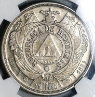 1884 NGC AU 53 Honduras UN Peso Silver Pyramid Coin (21042104D)