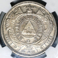 1884 NGC AU 53 Honduras UN Peso Silver Pyramid Coin (21042104D)