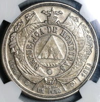 1884 NGC AU 53 Honduras UN Peso Silver Pyramid Coin (21042104D)