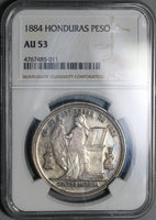 1884 NGC AU 53 Honduras UN Peso Silver Pyramid Coin (21042104D)
