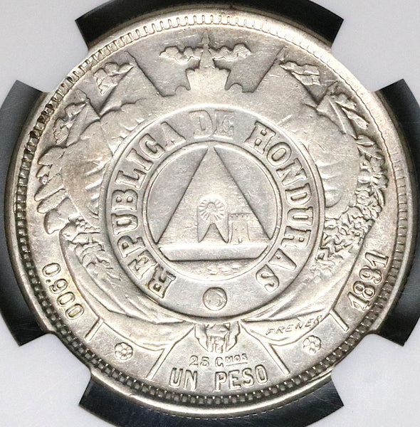 1891/88 NGC AU 55 Honduras 1 Peso Overdate Standing Liberty Silver Coin POP 2/2 (22111804C)