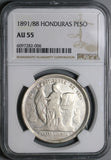 1891/88 NGC AU 55 Honduras 1 Peso Overdate Standing Liberty Silver Coin POP 2/2 (22111804C)