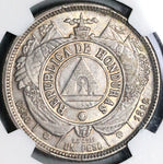 1892/0 NGC AU 55 Honduras 1 Peso Overdate Standing Liberty Silver Coin (22072002C)