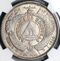 1892/0 NGC AU 55 Honduras 1 Peso Overdate Standing Liberty Silver Coin (22072002C)