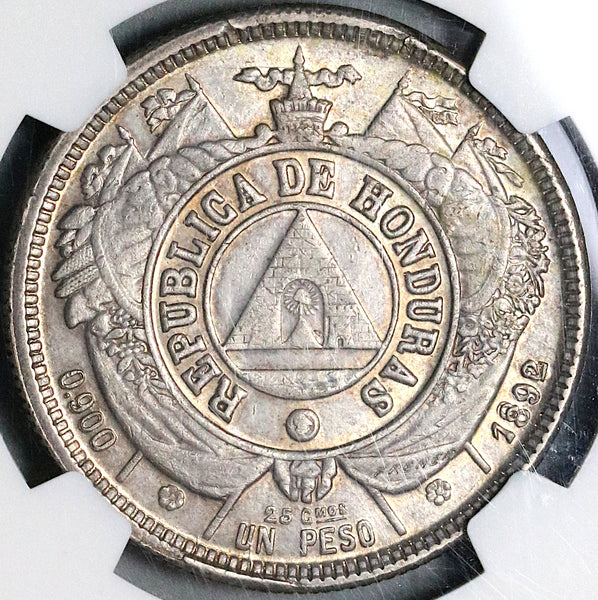 1892/0 NGC AU 55 Honduras 1 Peso Overdate Standing Liberty Silver Coin (22072002C)
