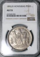 1892/0 NGC AU 55 Honduras 1 Peso Overdate Standing Liberty Silver Coin (22072002C)