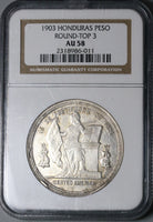 1903 NGC AU 58 Honduras 1 Peso Rare Round Top 3 Silver Standing Liberty Coin POP 1/2 (22032003C)
