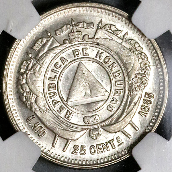 1885 NGC AU 58 Honduras 25 Centavos Standing Liberty Silver Coin (22111803C)