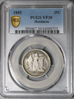 1885 NGC VF 30 Honduras 25 Centavos Pyramid Silver Coin POP 1/1 (22041001C)