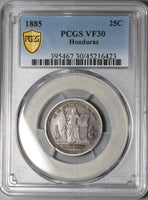 1885 PCGS VF 30 Honduras 25 Centavos Standing Liberty Silver Coin (22111802C)