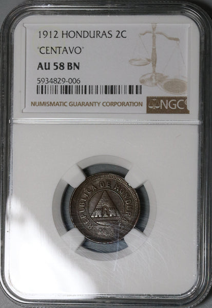 1912 NGC AU 58 Honduras 2 Centavos No S Pyramid 88k Coin POP