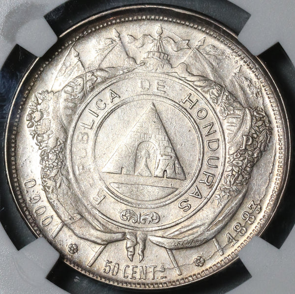 1883-P NGC AU 58 Honduras 50 Centavos Silver Pyramid Coin Pedigree POP 2/1 (21042103D)