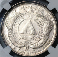 1883-P NGC AU 58 Honduras 50 Centavos Silver Pyramid Coin Pedigree POP 2/1 (21042103D)
