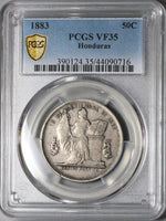 1883 PCGS VF 35 Honduras 50 Centavos Silver Pyramid Coin  POP 2/1 (22041002C)
