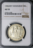 1908/897 NGC AU 55 Honduras 50 Centavos Overdate Rare Silver Coin (21101001C)