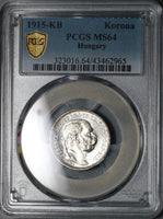 1915 PCGS MS 64 Hungary 1 Korona Franz Joseph Silver Empire Coin (21122501D)