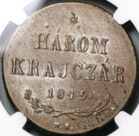 1849 NGC MS 62 Hungary 3 Krajczar Nagybanya War Independence Coin (22022002C)