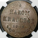 1849 NGC MS 62 Hungary 3 Krajczar Nagybanya War Independence Coin (22022002C)