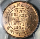 1912 PCGS MS 65 Sailana 1/4 Anna RED India State George V Britain Coin (21081901C)