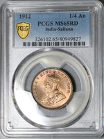 1912 PCGS MS 65 Sailana 1/4 Anna RED India State George V Britain Coin (21081901C)