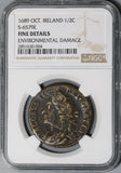 1689 NGC Fine Det James II Ireland 1/2 Crown October Gun Money Coin (21020205C)