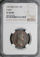 1723 NGC VF 30 Ireland 1/2 Penny Colonial Wood's Hibernia George I Coin (22120101D)
